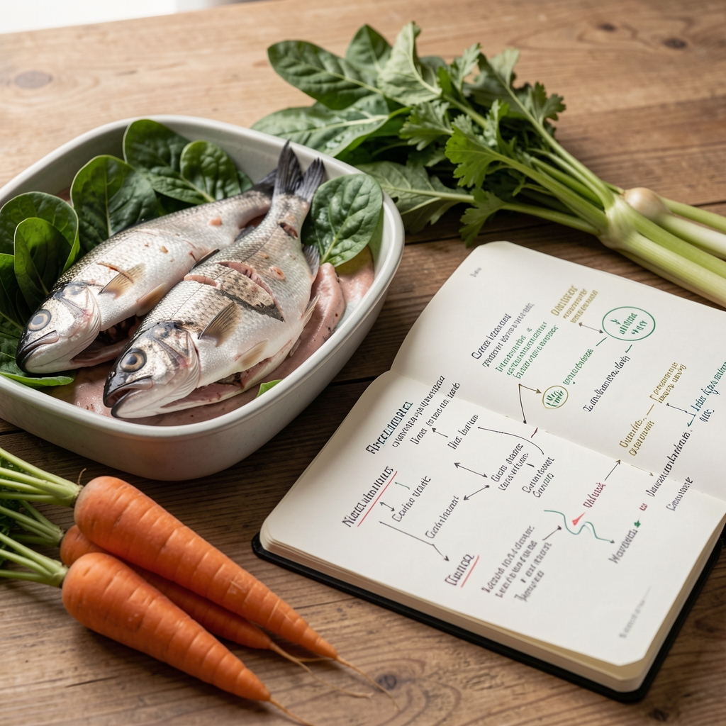 Mesa editorial con pescado, hojas verdes, zanahoria y cuaderno de composición nutricional