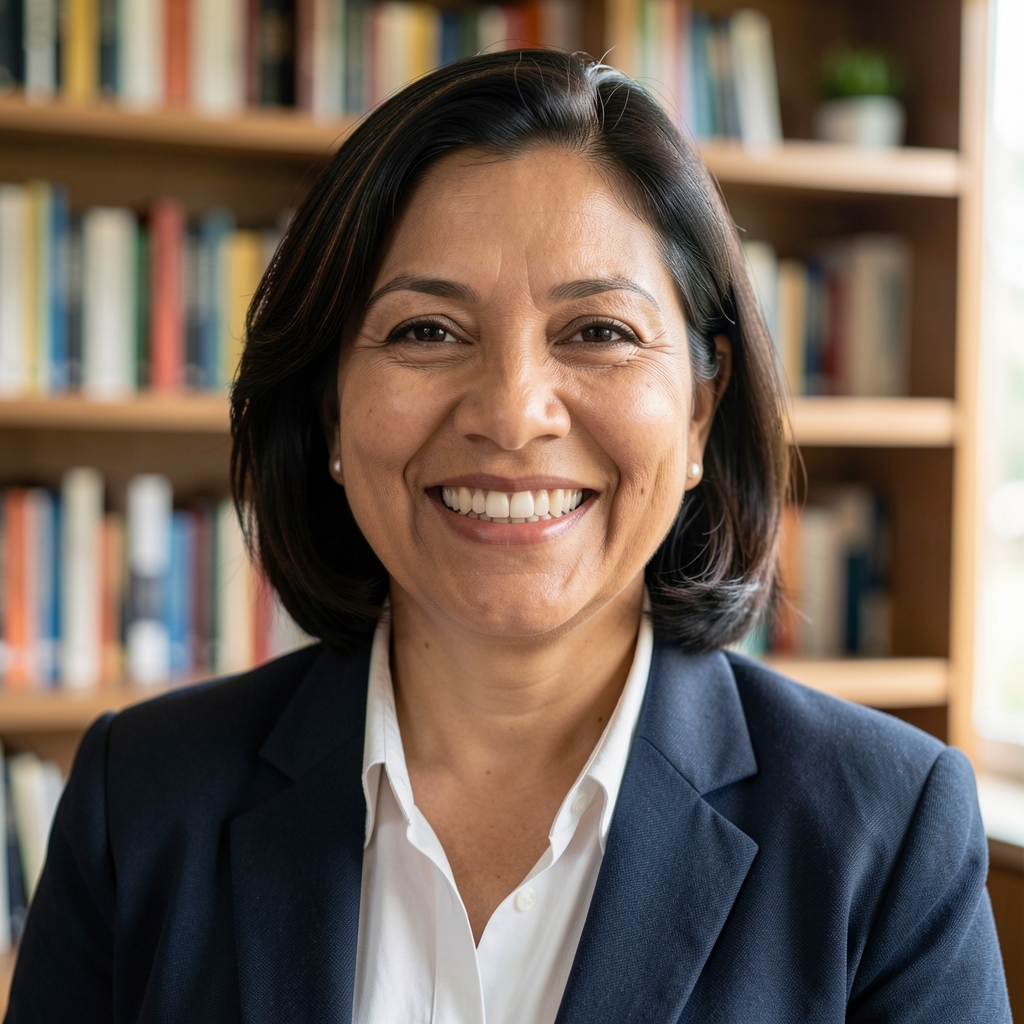 Retrato de una editora ecuatoriana de mediana edad sonriendo en una oficina con estanterías de libros