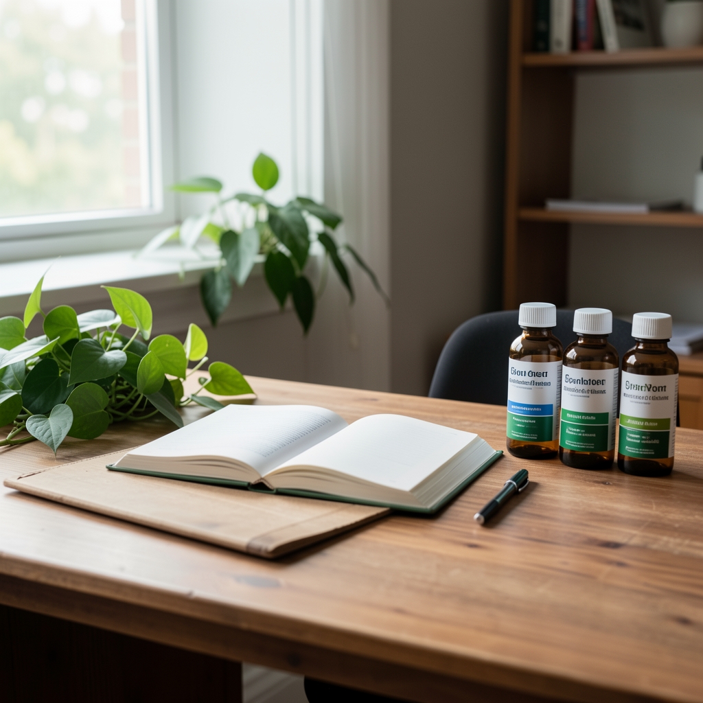 Escritorio editorial de madera con hojas verdes, cuaderno abierto y frascos de nutrientes bajo luz natural