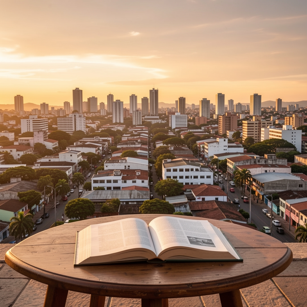 Vista urbana de Guayaquil al atardecer con una mesa de lectura en primer plano