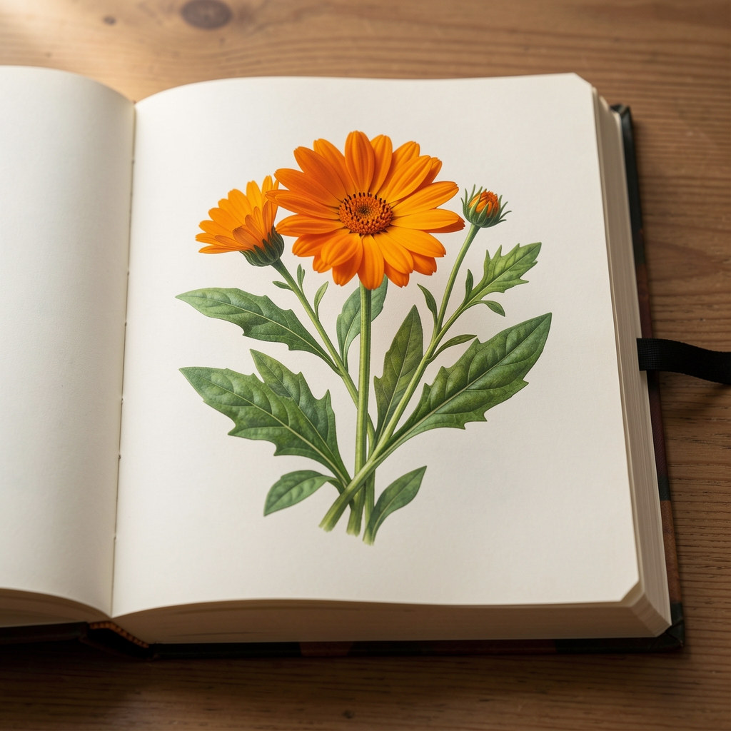 Ilustración fotográfica de caléndula, hojas verdes y carotenoides representados en un cuaderno de botánica