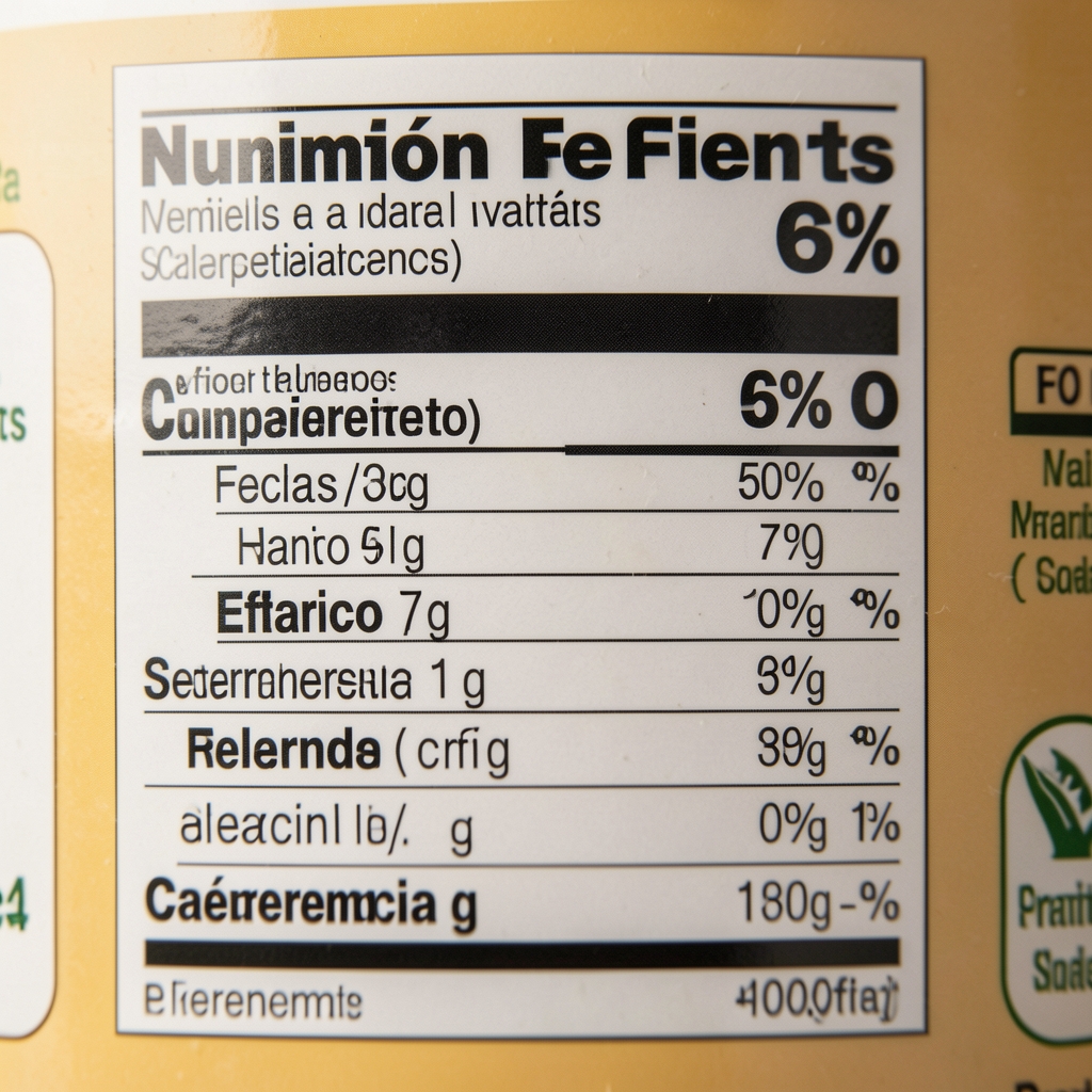 Fotografía macro de una etiqueta nutricional impresa mostrando porcentajes de valores de referencia
