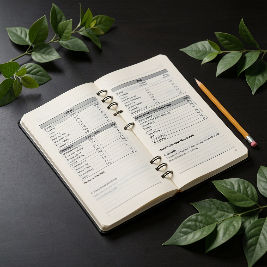 Cuaderno de investigación con referencias nutricionales, lápiz y hojas verdes sobre escritorio oscuro