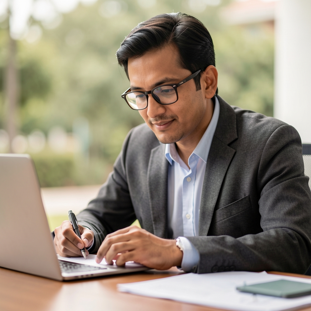 Retrato de un investigador con lentes revisando notas junto a una laptop en un escritorio ordenado