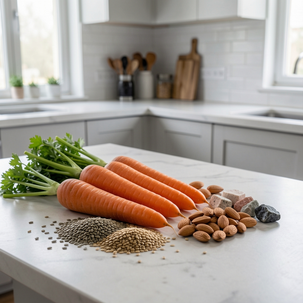 Composición de zanahorias, semillas, frutos secos y minerales sobre una mesa de cocina contemporánea
