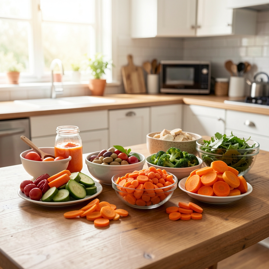 Alimentos coloridos ricos en vitamina A y zinc dispuestos sobre una mesa de cocina luminosa